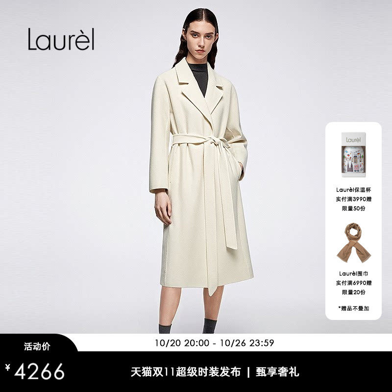 【绵羊毛】Laurel劳芮25秋新款白色系带收腰长款大衣LWD363D04300