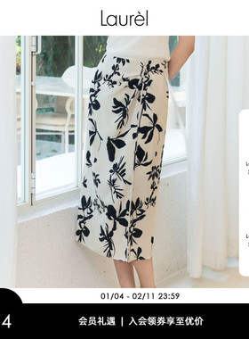 Laurel劳芮新款新中式复古波嬉黑白花型直身筒裙女LWD351Q01100