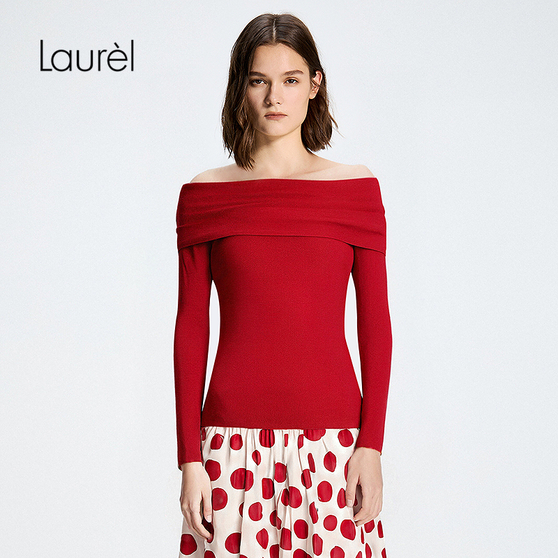 【绵羊毛】Laurel劳芮25秋新款修身一字肩荡领针织衫LWL346M16900