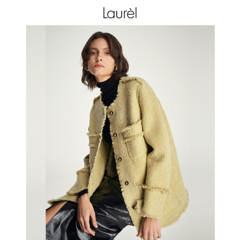 LAUREL羊驼毛宽肩小香风直身大衣