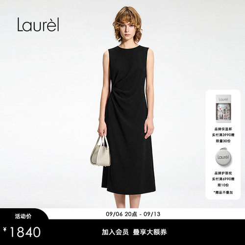 Laurel劳芮26早秋款经典黑侧扭褶圆领无袖中长连衣裙LWD375Y20400