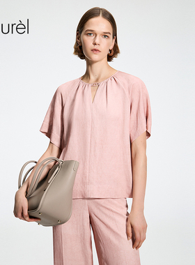 【粘纤】Laurel劳芮26春新款云雾粉亚麻小V领短袖LWL372C01600