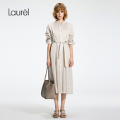 Laurel劳芮26春新款 条纹弹力亚麻 立体叠褶连衣裙LWL371Y03200