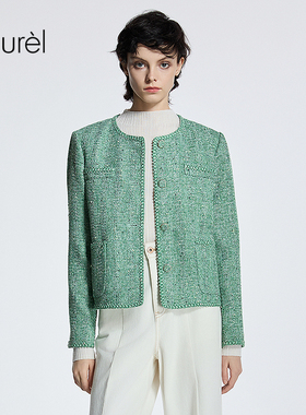 Laurel劳芮25春秋新款小香风绿色粗花呢外套女LWD365W01900