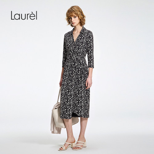 【桑蚕丝】Laurel劳芮26早秋款碎花翻领系带开衩长裙LWL352Y12500
