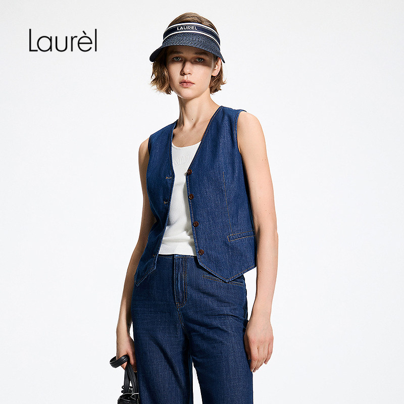 【长绒棉】Laurel劳芮26夏新款普鲁士蓝牛仔V领马甲LWL372B02300