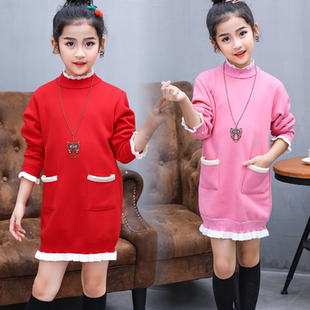 女童毛衣秋冬装中大童加绒加厚针织衫中长款打底衫中领洋气女孩潮