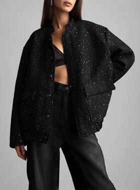 欧美新款时尚金丝亮片上衣立领宽松夹克外套 Sequin loose jacket