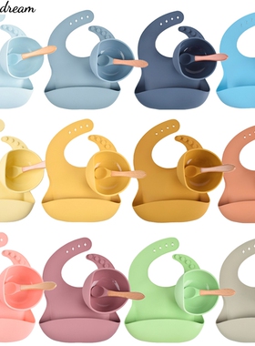 3Pcs Baby Silicone Bibs+Dinner Plate Bowl+Spoon Dishes Set S