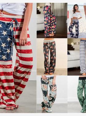 women casual big size ladies Bind printed loose pants系带裤