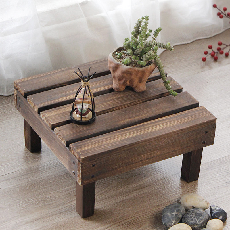 定制简约实木质小花架置物架阳台落地防腐做旧木收纳花盆原木方形