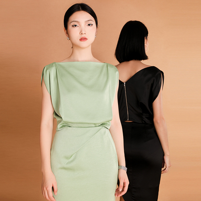 BRANDBYMEI日本进口醋酸纤维高级缎面简约一字领无袖上衣衬衫top