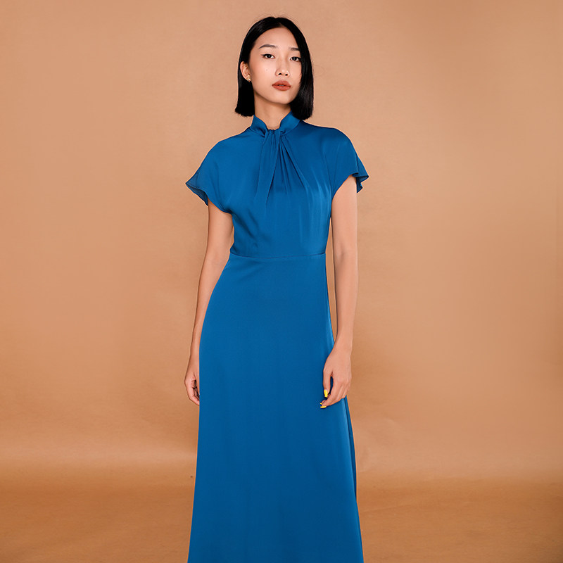 SENSEBYMEI甄品限量定制18MM重磅真丝绸缎优雅领口打结中长连衣裙