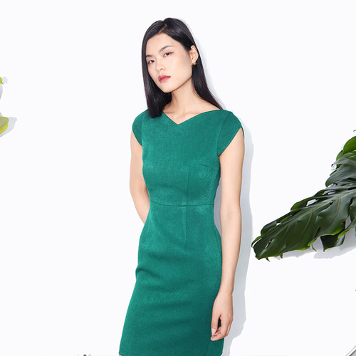 BRAND BY MEI轻松职场系列花瓣式V领袖口优雅独特收身包臀连衣裙