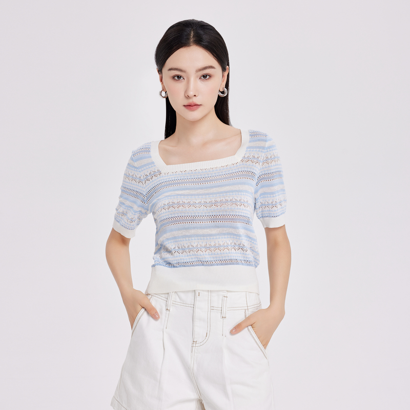 鲁思蒂薄款t恤镂空方领套头上衣