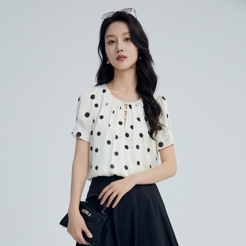 鲁思蒂圆点印花短袖衬衫2025新款女士夏季设计感小众圆领套头上衣