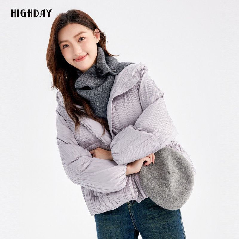 highday轩日2026冬季连帽白鸭绒外套女褶皱设计感长袖羽绒服chic