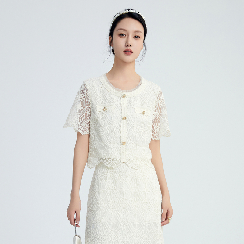 鲁思蒂小香风短袖衬衫2024新款女夏季时尚设计感小众网纱圆领上衣