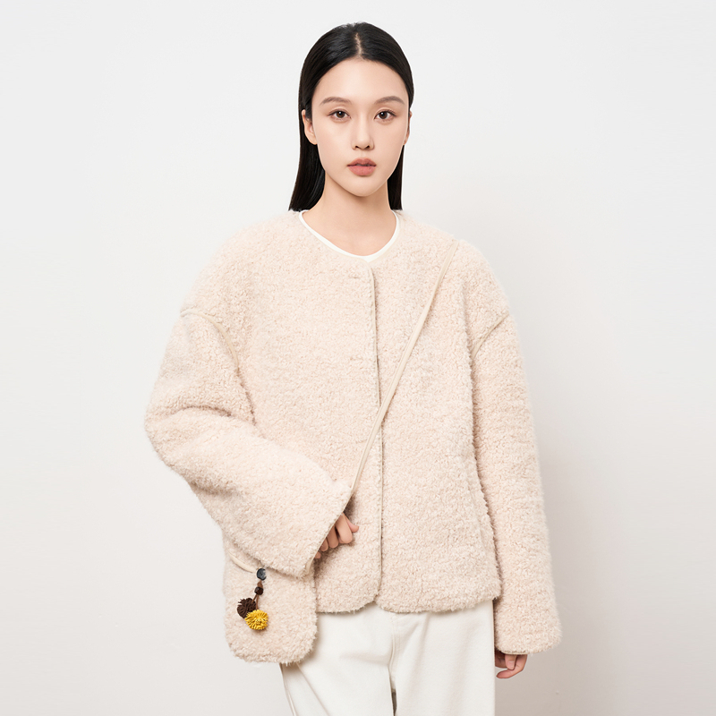 HIGHDAY轩日浅色羊羔毛短款外套女2025秋冬显瘦休闲百搭外穿上衣