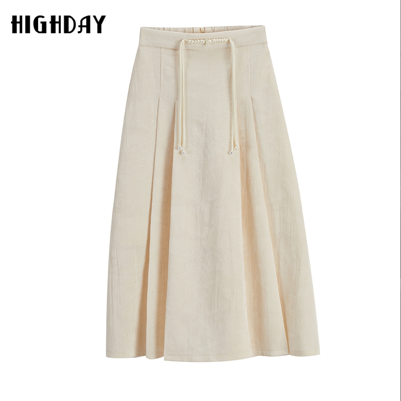 highday轩日2024春秋新款高腰白色半身裙女新中式a字过膝中长裙潮