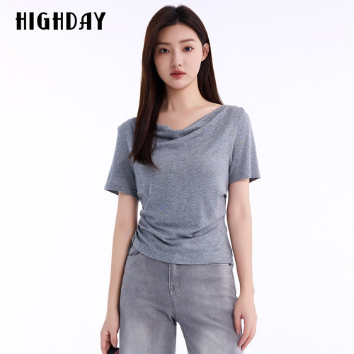 HIGHDAY轩日2026夏新款天丝浅灰T恤女荡领宽松扭结收腰休闲短袖