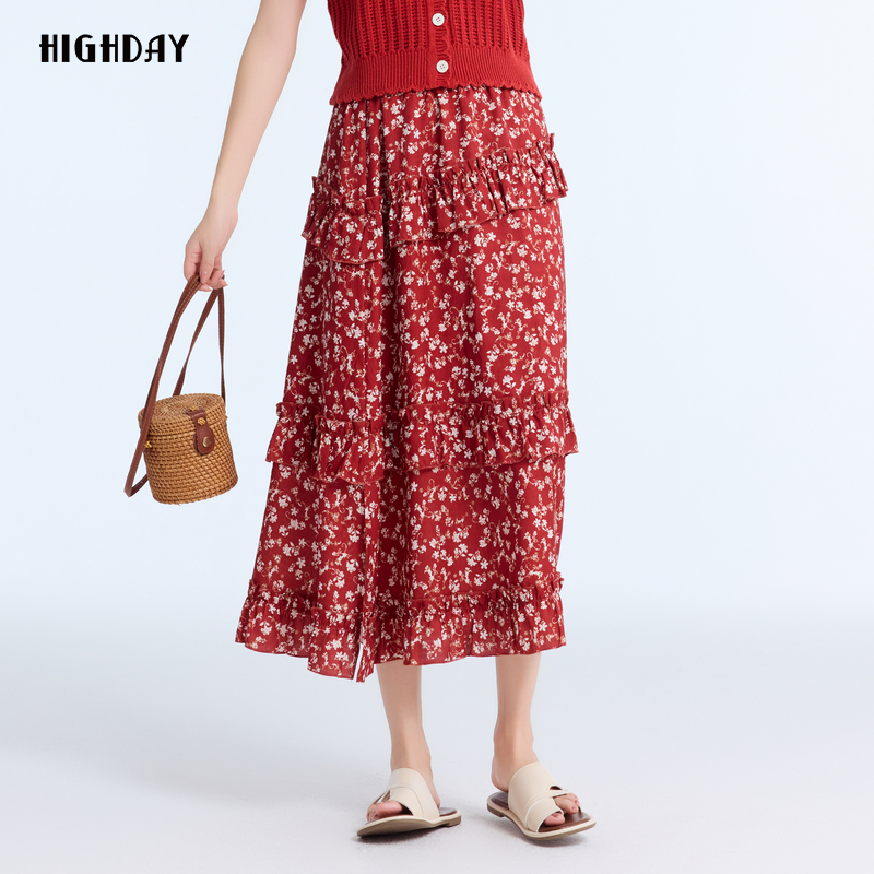 highday轩日碎花中长裙2025春季新款高腰简约洋气a字半身裙潮