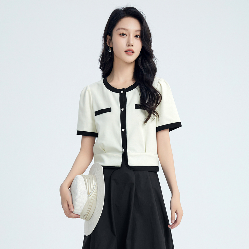 鲁思蒂小香风短袖衬衫2025新款女夏季时尚休闲设计感小众短款上衣