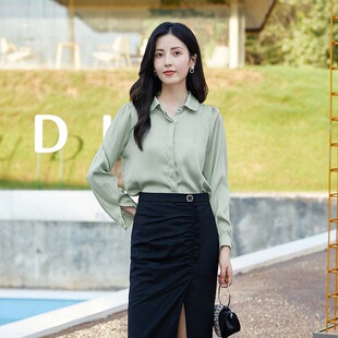 lucidy鲁思蒂24秋季女士长袖雪纺纯色百搭衬衫宽松短款上打底衣