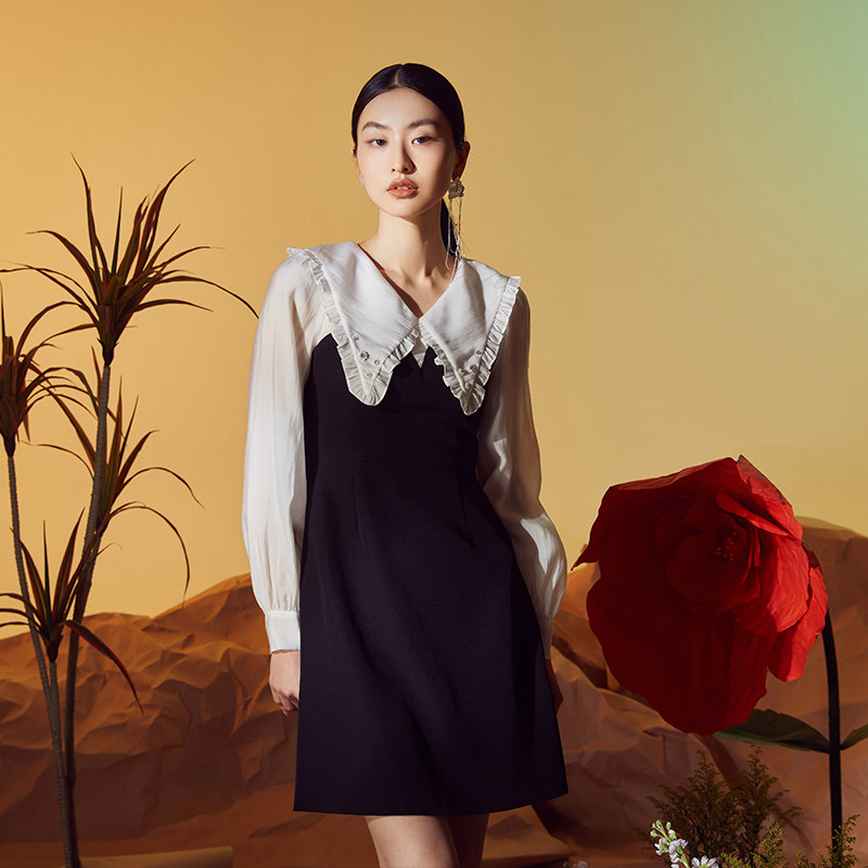 lucidy鲁思蒂24春季新款长袖连衣裙通勤简约纯色娃娃领套头a字裙