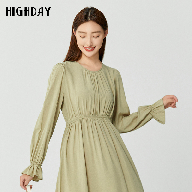 highday轩日秋新款圆领长袖修身衬衣裙女洋气纯色简约气质连衣裙