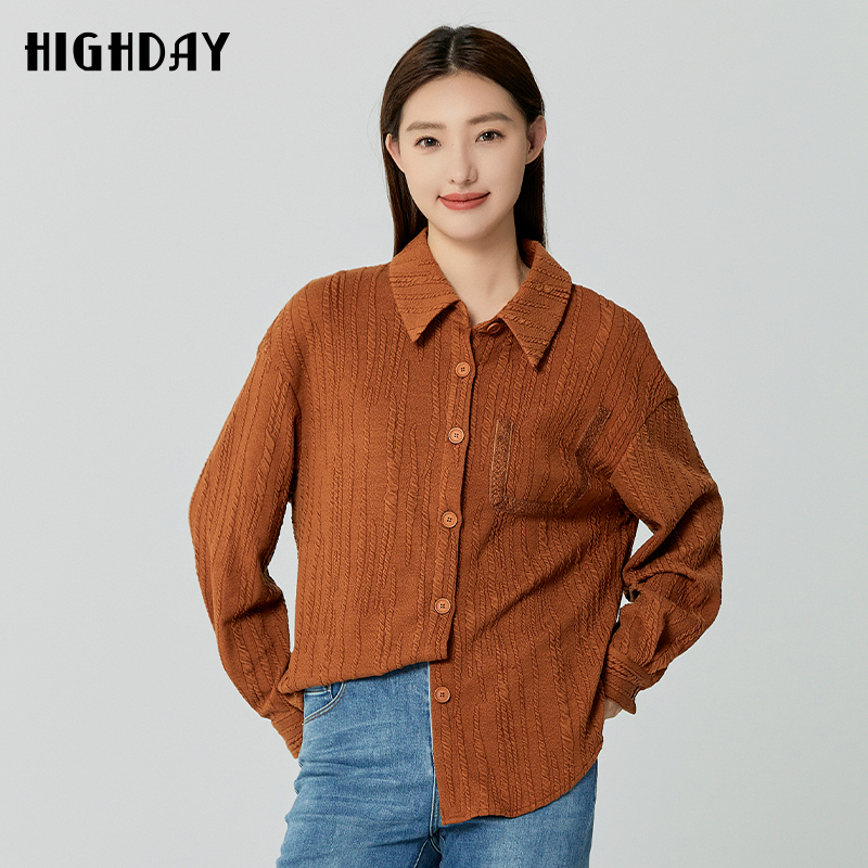 highday轩日商场同款冬季翻领肌理感衬衫女复古休闲长袖chic衬衣