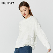 轩日highday2025春秋圆领宽松毛衣女小众珠片白色慵懒风针织毛衫