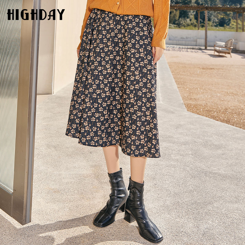 highday轩日冬季碎花高腰a字半身裙女复古文艺灯芯绒印花裙大摆裙