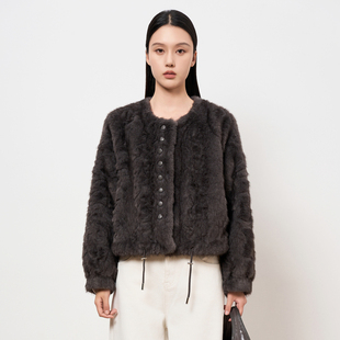 HIGHDAY复古风深灰皮草外套女2025秋冬圆领宽松毛绒显瘦休闲上衣