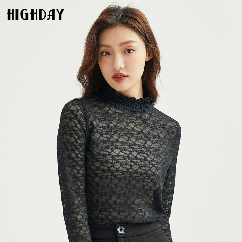 highday轩日2024冬季新款半高领微透蕾丝衫女洋气修身长袖黑色T恤