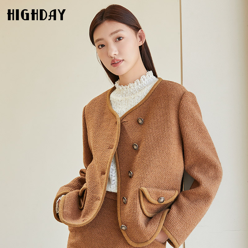 highday轩日冬季复古粗花呢上衣女圆领宽松斜门襟小香风长袖外套