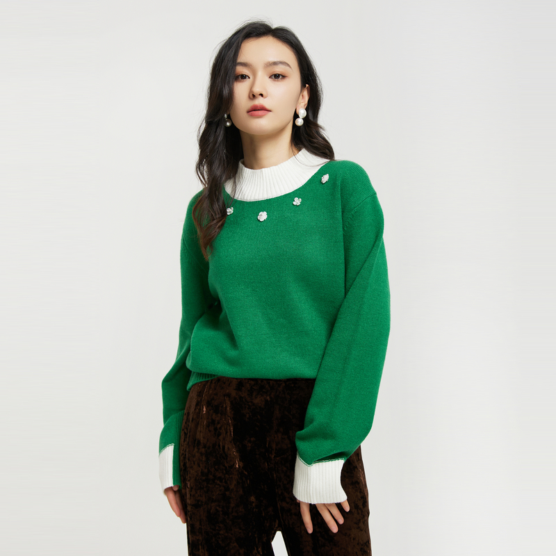 鲁思蒂撞色长袖针织衫套头