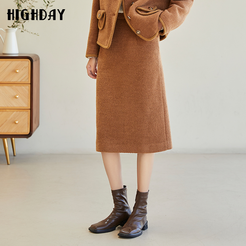轩日商场粗花呢女裙冬季优雅高腰纯色过膝半身裙简约气质一步裙潮