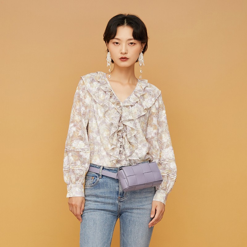 简约百搭V领长袖印花套衫衬衣