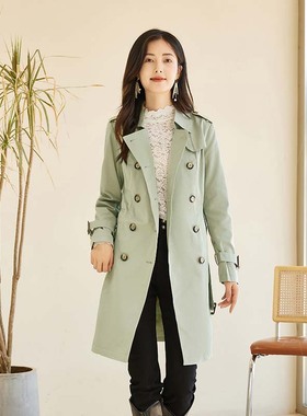 Lucidy鲁思蒂中长款风衣2024秋季新款显瘦长袖翻领绿色修身外套