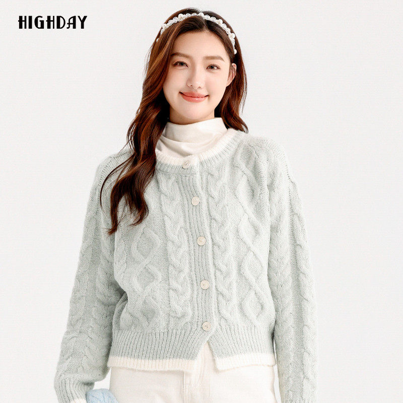 highday轩日24冬季新款毛衣开衫女商场同款圆领拼色针织毛衫外套,女装/女士精品,短外套,淘宝优惠券,粉丝福利购,淘宝优惠卷