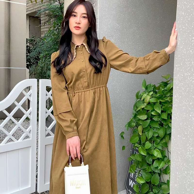 Lucidy/鲁思蒂长袖连衣裙女2024冬季新品纯色通勤简约中长款A字裙