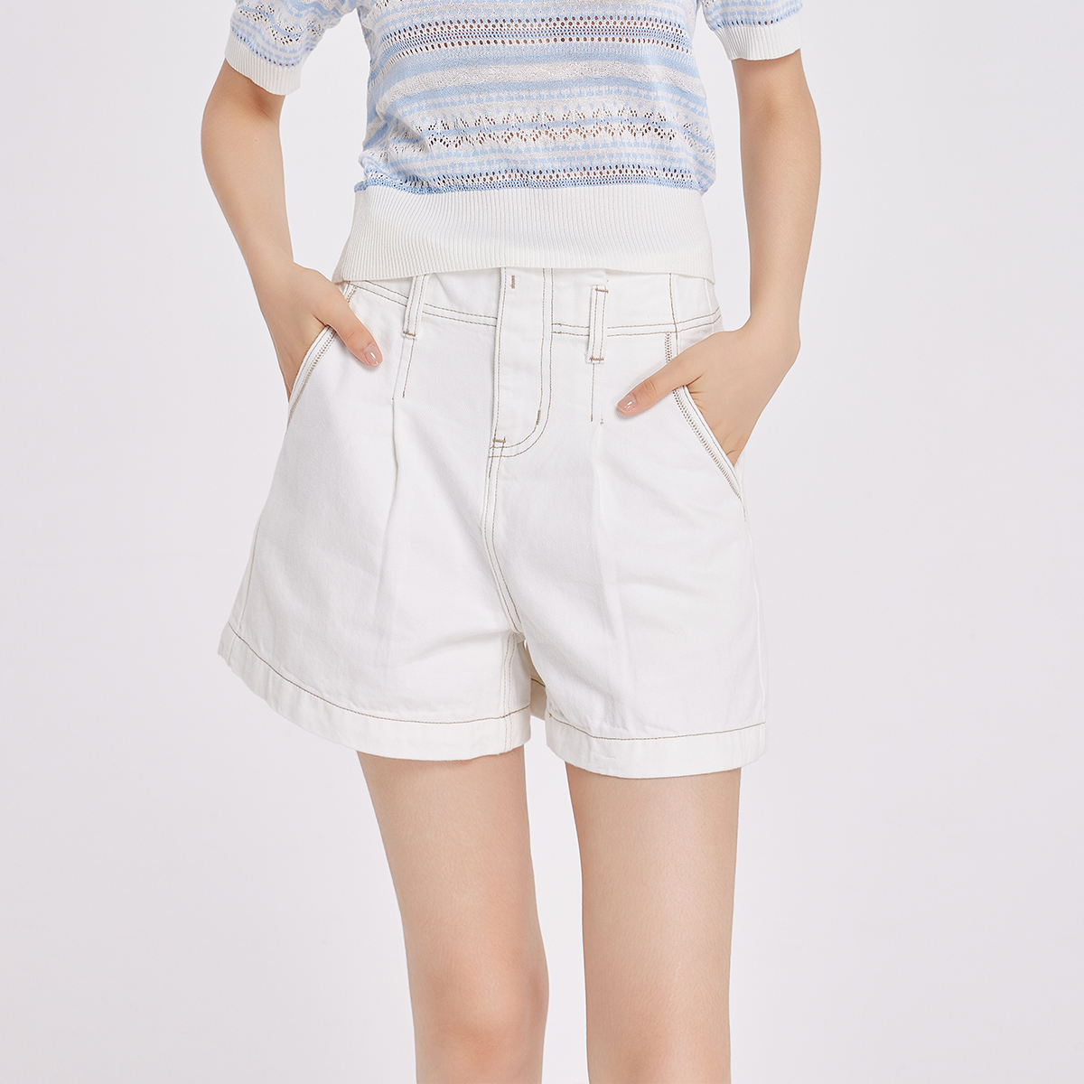 明线薄款24夏棉牛仔短裤