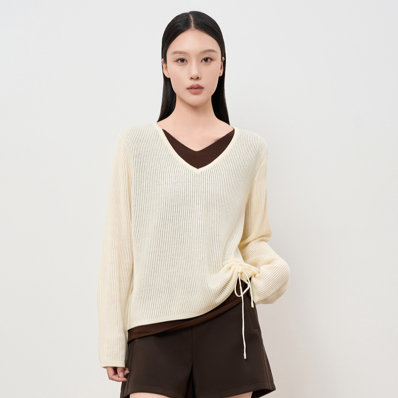 HIGH DAY/轩日假两件针织衫2025秋季新品时尚撞色V领抽绳正肩上衣