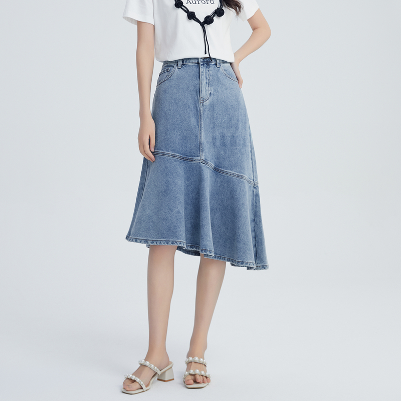 鲁思蒂牛仔半身裙女2025新款夏季高腰显瘦不规则垂坠感中长款裙子