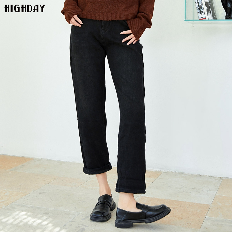 highday轩日2023冬季新款加绒黑色裤子女简约高腰直筒牛仔长裤ins