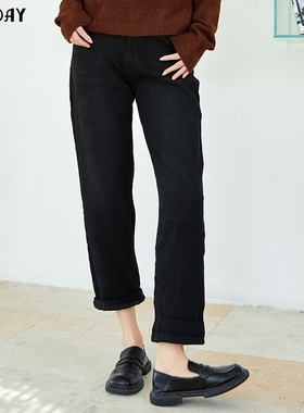highday轩日2023冬季新款加绒黑色裤子女简约高腰直筒牛仔长裤ins