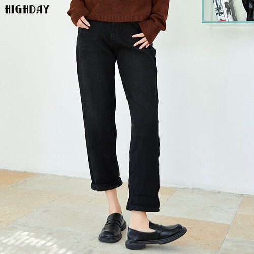 highday轩日2023冬季新款加绒黑色裤子女简约高腰直筒牛仔长裤ins
