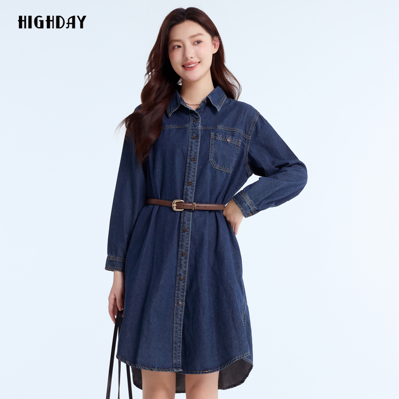 highday轩日2025春季新款长袖宽松牛仔裙女气质休闲连衣裙衬衫裙