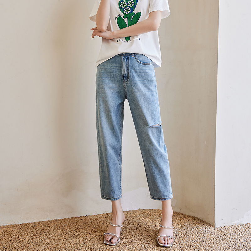高腰浅色水洗牛仔裤长裤哈伦裤